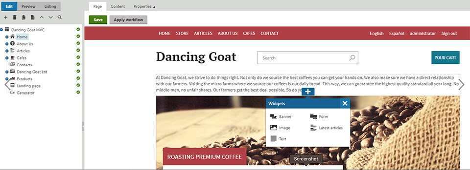 Kentico's page builder with the sample site Dancing Goat.